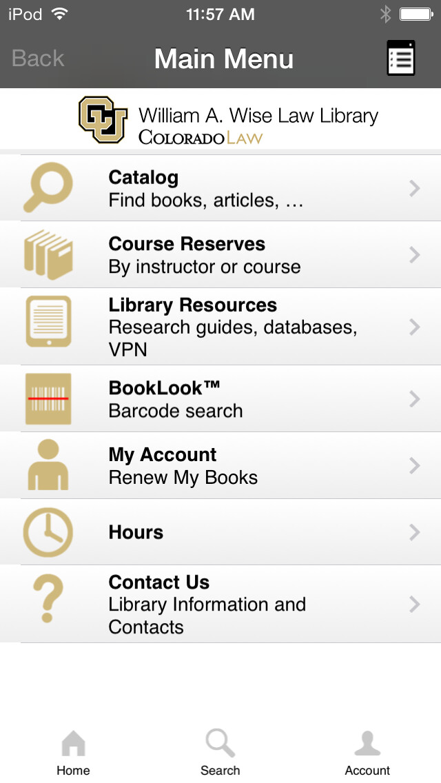 Emulate iPhone app CU Boulder Wise Law Library using MyAndroid