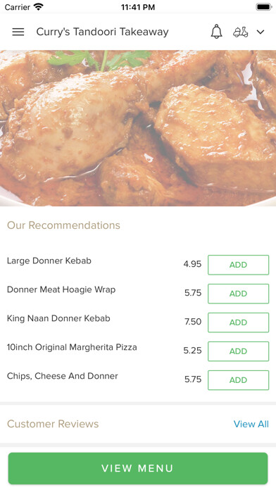 Emulate iPhone app Currys tandoori takeaway using MyAndroid