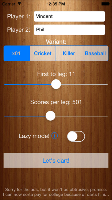 Emulate iPhone app Darts Scorekeeper using MyAndroid