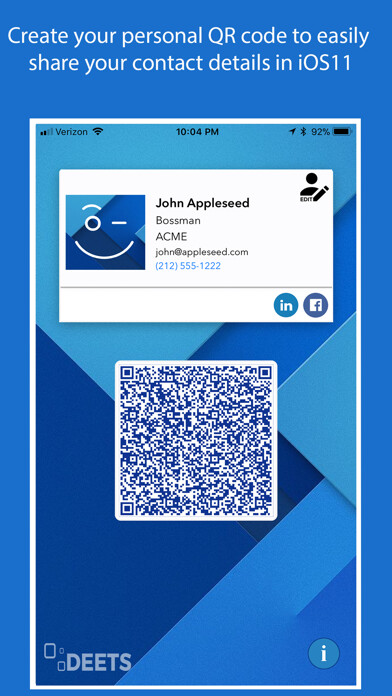 Emulate iPhone app DEETS: QR Code Contact Card using MyAndroid