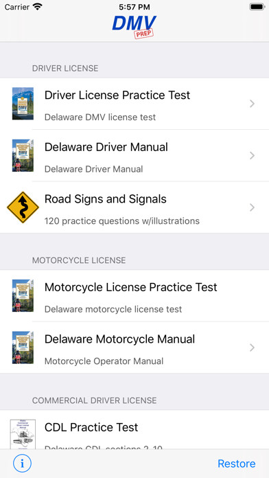 Emulate iPhone app Delaware DMV Test Prep using MyAndroid