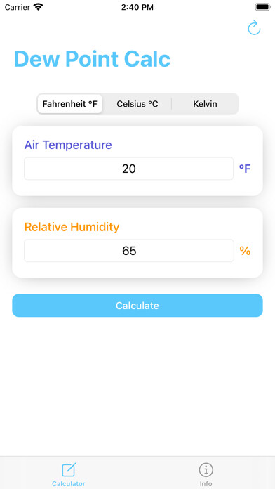 Emulate iPhone app Dew Point Calculator - Calc using MyAndroid Emulate iPhone app Dew Point Calculator - Calc using MyAndroid