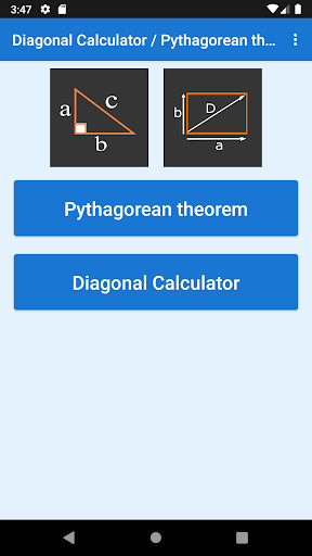 Run android online APK Diagonal Calculator / Pythagorean theorem from MyAndroid or emulate Diagonal Calculator / Pythagorean theorem using MyAndroid Run android online APK Diagonal Calculator / Pythagorean theorem from MyAndroid or emulate Diagonal Calculator / Pythagorean theorem using MyAndroid