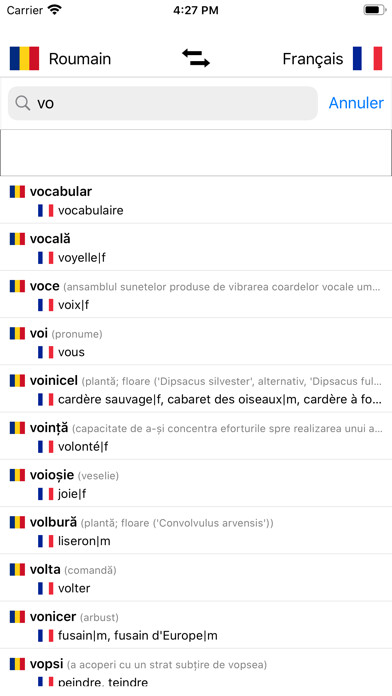 Emulate iPhone app Dictionnaire Roumain-Français using MyAndroid