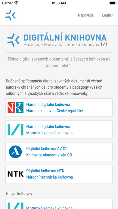 Emulate iPhone app Digitální knihovna using MyAndroid