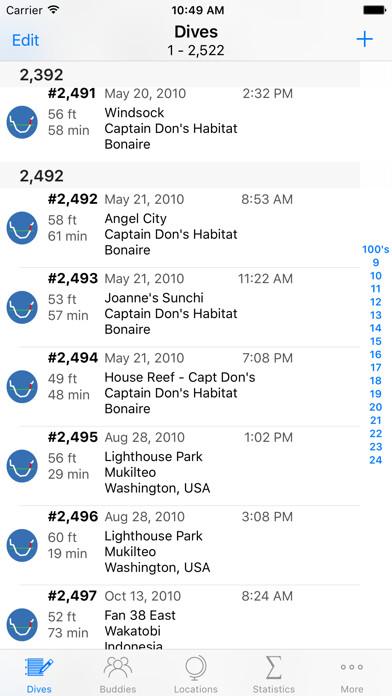 Emulate iPhone app Dive Log using MyAndroid