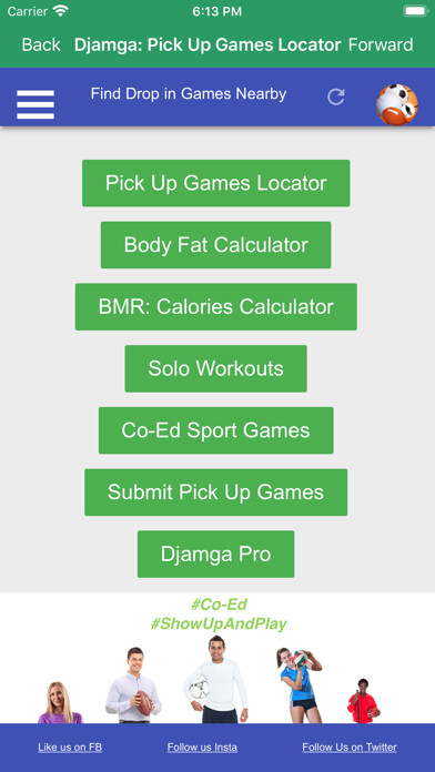 Emulate iPhone app Djamga: Pick Up Games, BMR BMI using MyAndroid Emulate iPhone app Djamga: Pick Up Games, BMR BMI using MyAndroid