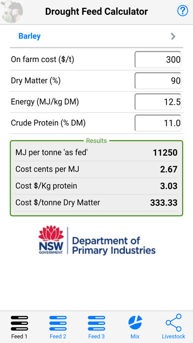Emulate iPhone app Drought Feed Calculator using MyAndroid
