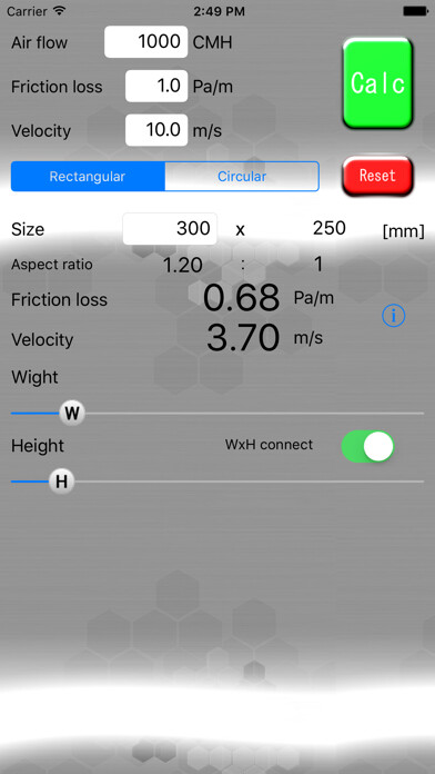 Emulate iPhone app DuctSizeCalc using MyAndroid