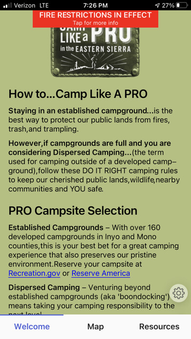 Emulate iPhone app Eastern Sierra Camping using MyAndroid