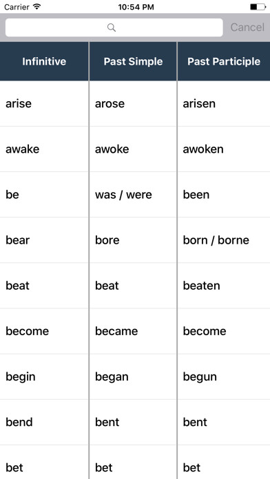 Emulate iPhone app English Irregular Verbs Pro using MyAndroid