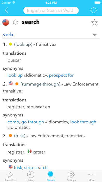 Emulate iPhone app English Spanish Dictionary C. using MyAndroid