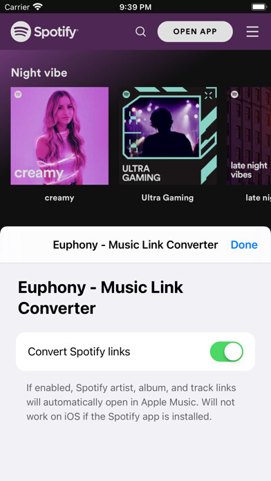 Emulate iPhone app Euphony - Music Link Converter using MyAndroid