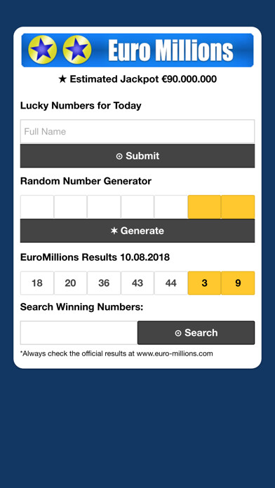 Emulate iPhone app EuroMillions Numerology using MyAndroid