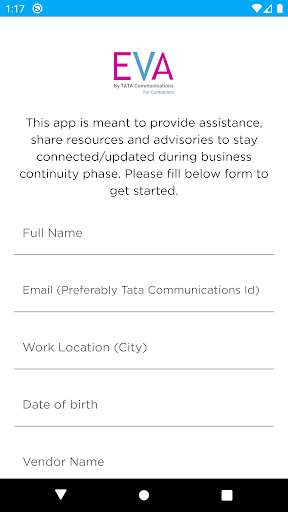 Run android online APK Eva by Tata Communications For Contractors from MyAndroid or emulate Eva by Tata Communications For Contractors using MyAndroid Run android online APK Eva by Tata Communications For Contractors from MyAndroid or emulate Eva by Tata Communications For Contractors using MyAndroid