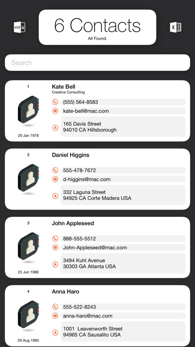 Emulate iPhone app Excel Contacts using MyAndroid