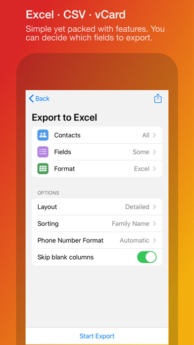 Emulate iPhone app Export Contacts Pro using MyAndroid