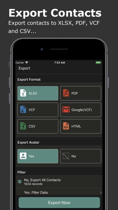 Emulate iPhone app Export Contact to XLS PDF VCF using MyAndroid
