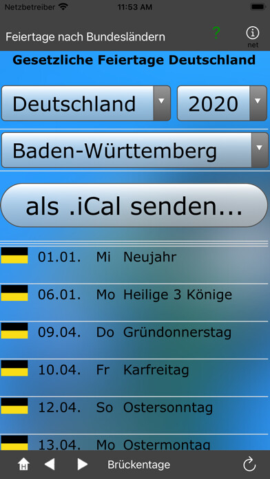 Emulate iPhone app Feiertage nach Bundesländern using MyAndroid