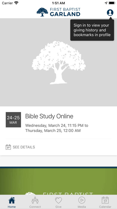Emulate iPhone app First Baptist Garland using MyAndroid