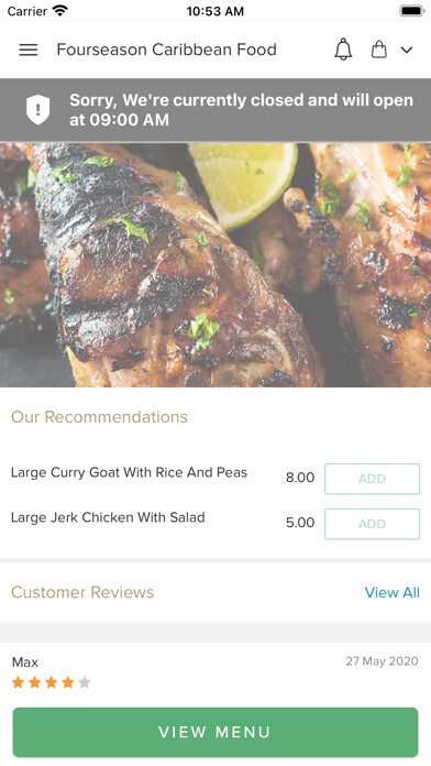 Emulate iPhone app Fourseason Caribbean Food. using MyAndroid