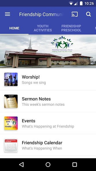 Emulate iPhone app Friendship Community Church using MyAndroid