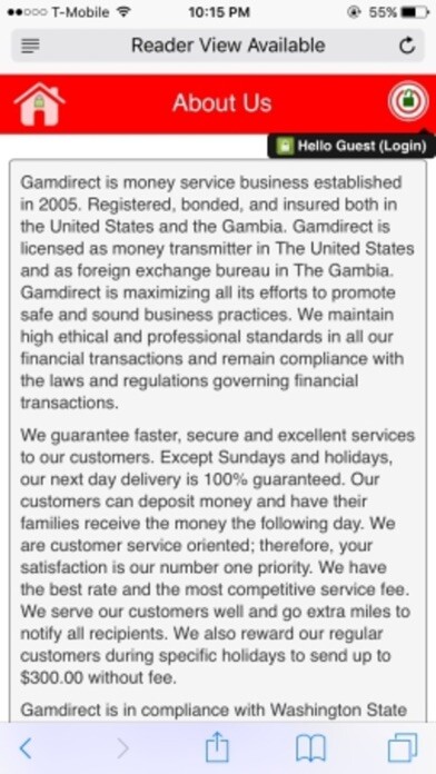 Emulate iPhone app Gamdirect Money Transfer using MyAndroid