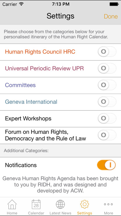 Emulate iPhone app Geneva Human Rights Agenda using MyAndroid