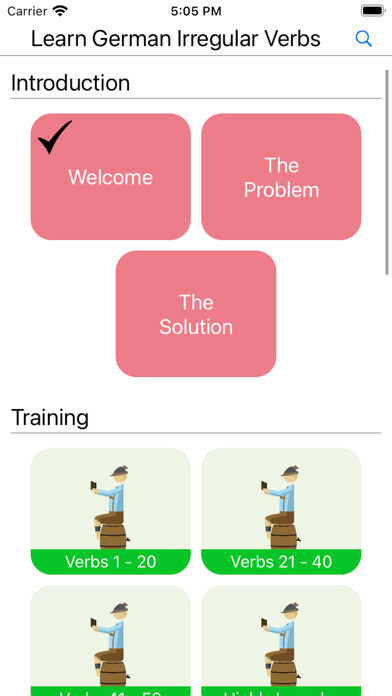Emulate iPhone app German Irregular Verbs Wizard using MyAndroid