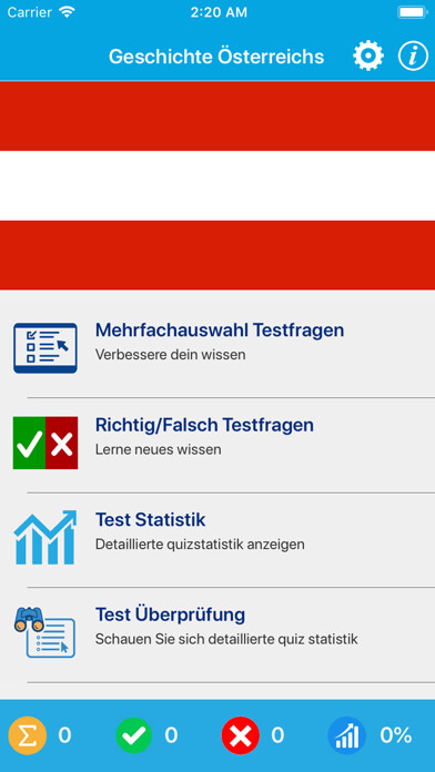 Emulate iPhone app Geschichte Österreichs Quiz using MyAndroid