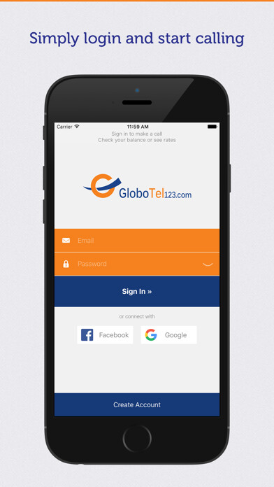 Emulate iPhone app GloboTel123 - Call abroad over WiFi and 3/4G using MyAndroid