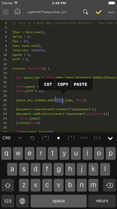 Emulate iPhone app GoCoEdit - Code & Text Editor using MyAndroid