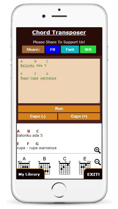 Emulate iPhone app Guitar Chord Transposer Simple using MyAndroid