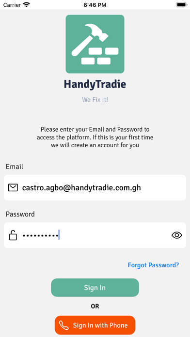 Emulate iPhone app HandyTradie Gh Ltd using MyAndroid