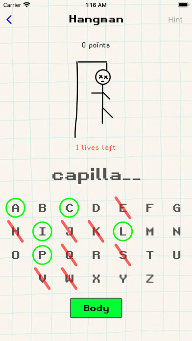 Emulate iPhone app HANGMAN Puzzle Brain Game using MyAndroid