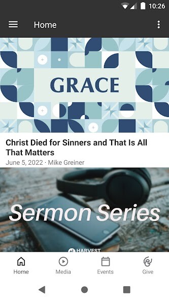 Emulate iPhone app Harvest Church PA using MyAndroid