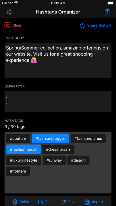 Emulate iPhone app Hashtags Organizer using MyAndroid