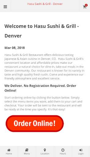 Run android online APK Hasu Sushi & Grill Denver Online Ordering from MyAndroid or emulate Hasu Sushi & Grill Denver Online Ordering using MyAndroid