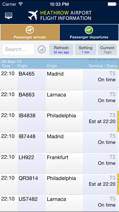 Emulate iPhone app Heathrow Flight Info. Lite using MyAndroid