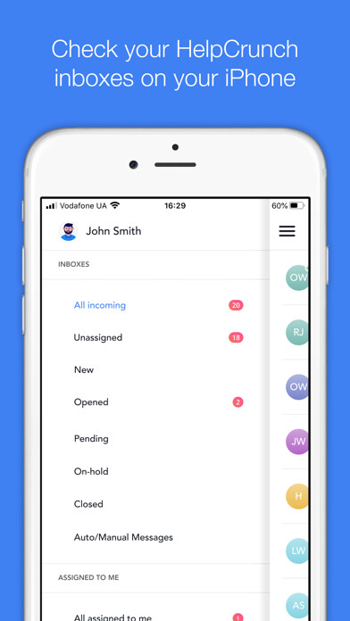 Emulate iPhone app HelpCrunch Inbox using MyAndroid