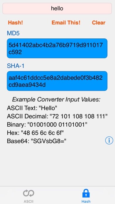 Emulate iPhone app HEX ASCII BASE64 MD5 SHA conv. using MyAndroid