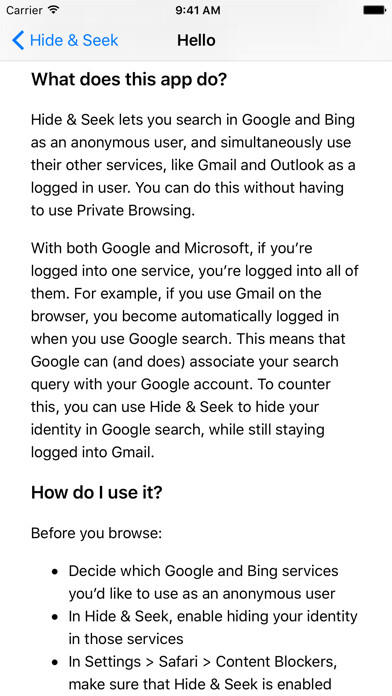 Emulate iPhone app Hide & Seek: Better privacy for your web searches using MyAndroid
