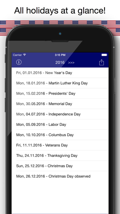 Emulate iPhone app Holiday Calendar USA 2016 - Federal Public US Holidays for Vacation and free time Planning using MyAndroid Emulate iPhone app Holiday Calendar USA 2016 - Federal Public US Holidays for Vacation and free time Planning using MyAndroid