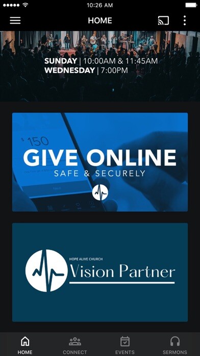 Emulate iPhone app Hope Alive Church (TX) using MyAndroid