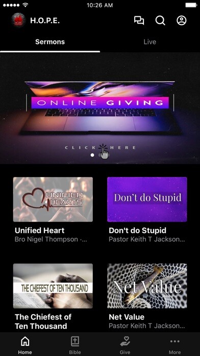 Emulate iPhone app H.O.P.E. Ministries Church using MyAndroid