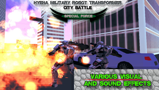 Run android online APK Hyena Robot 3D Army Car Transformer City Battle from MyAndroid or emulate Hyena Robot 3D Army Car Transformer City Battle using MyAndroid