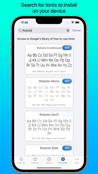 Emulate iPhone app iFont: find, install any font using MyAndroid
