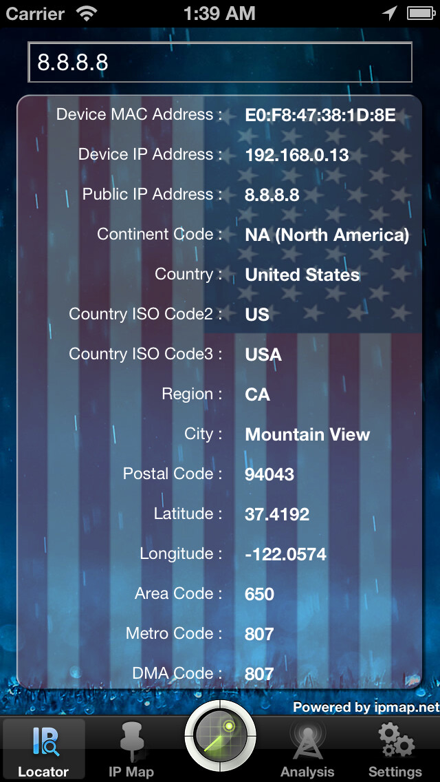 Emulate iPhone app IP Address Locator - Lookup IP from latest Worldwide IP database using MyAndroid