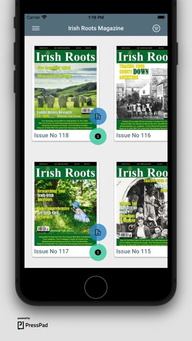 Emulate iPhone app Irish Roots Magazine using MyAndroid