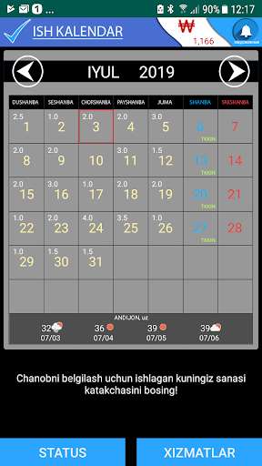 Run android online APK Ish Kalendar (Chanob soatini belgilab hisoblash) from MyAndroid or emulate Ish Kalendar (Chanob soatini belgilab hisoblash) using MyAndroid